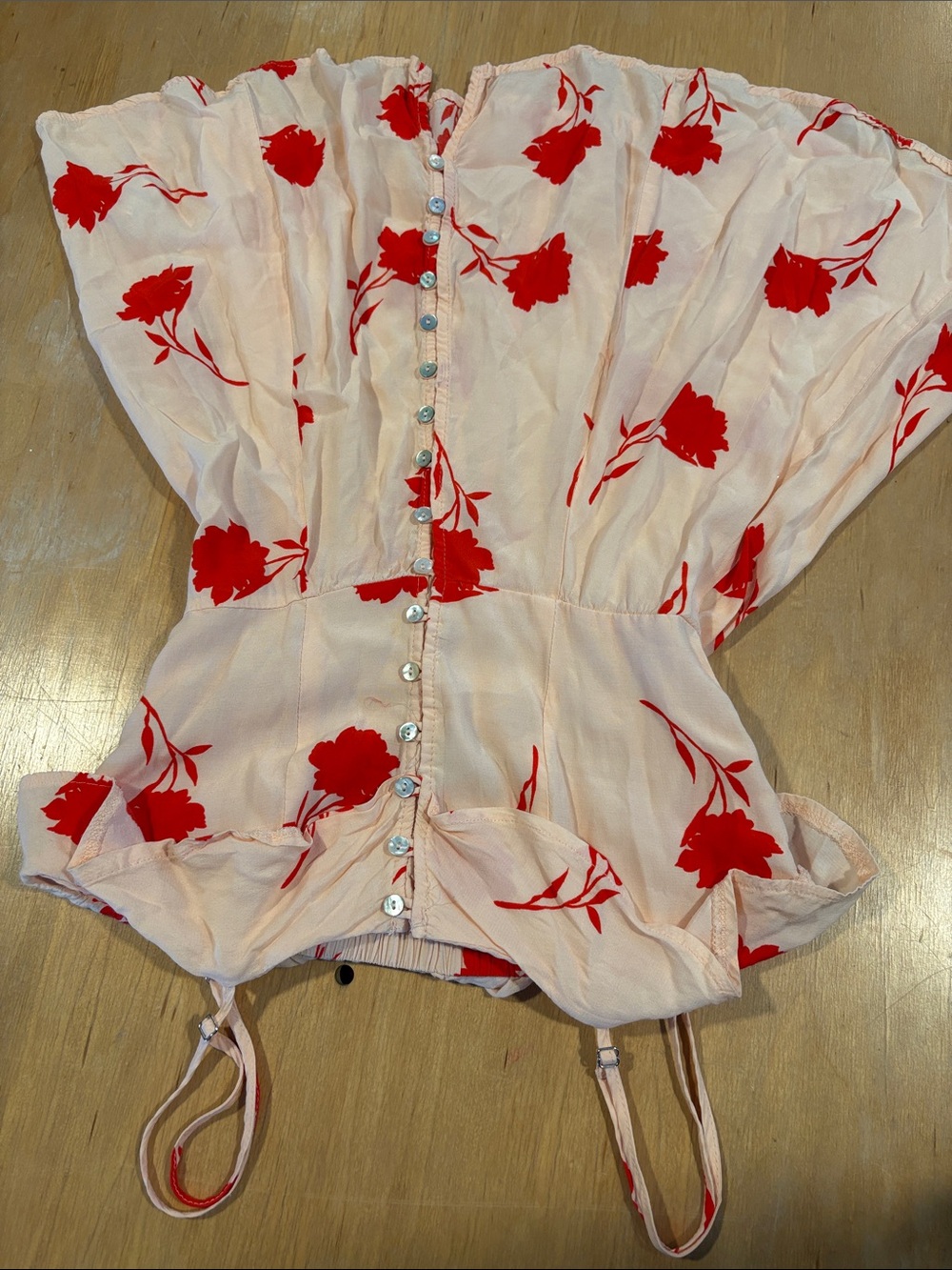 Forever 21 ~ Peach Pink Dress Ruffles Red Floral Print